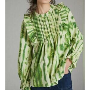 Anthropologie Samant Chauhan Emillia Ruffle Tie-Dye Blouse Size XS Green Boho
